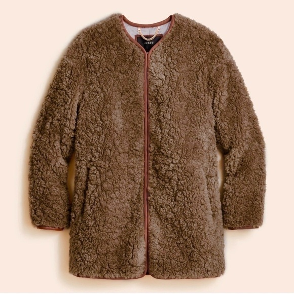 NWOT J. Crew Collarless jacket recycled sherpa brown teddy bear plush coat fuzzy - Picture 1 of 16